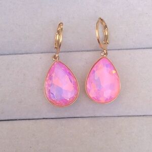 Pink Opal Aurora Borealis + Gold Pear Crystal Drop Earrings